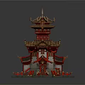 Cartoon Scenery Chinese Traditional Pavilion With Multi Tiered Structure Red Gold Decor And Curved Eaves