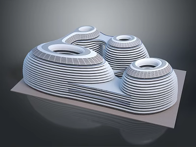 Cartoon Scene Featuring White Layered Circular Structures with Round Openings on Gray Platform 3d model