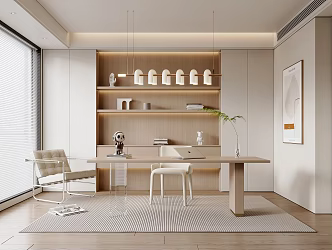 Modern Study Desk and Chair Combination Green Plant Bookcase Chandelier Computer Single Chair Leisure Chair 3d model