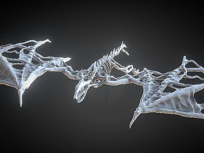 Flying Animal Dragon Skeleton Silver Skeletal Structure With Wings 3D Rendered On Dark Background 3d model