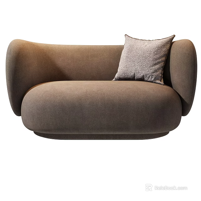 Modern Rounded Brown Fabric Two Seater Sofa With Gray Decorative Pillow 3d model