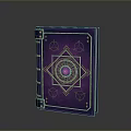 Purple Enchanted Book With Golden Ornate Patterns And Red Gemstone Center