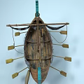 Traditional Wooden Ship With Dragon Head Decoration Colorful Shields Oars And Mast