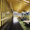 Elegant Modern Café Interior With Golden Vertical Stripes Glass Walls Outdoor Grass And Sofa Seats