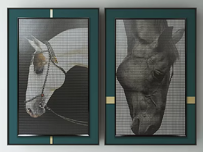 Two Framed Horse Head Artworks With Green Frames And Gold Accents 3d model