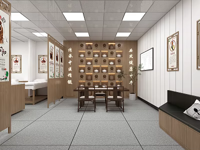 Traditional Chinese Medicine Clinic Interior With Wooden Furniture Decorative Paintings And Medicine Cabinets 3d model
