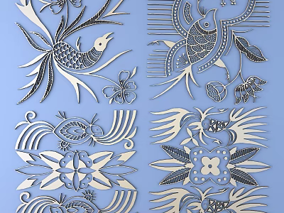 Intricate Decorative Carvings With Floral And Bird Patterns On Blue Background 3d model