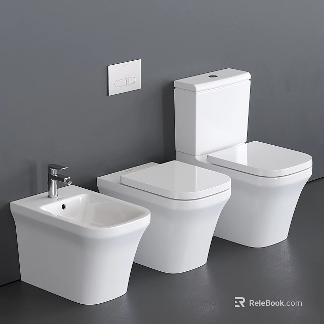 Modern White Toilets And Sink In Gray Bathroom Interior Design 3d model 