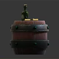 Decorative Ornament Set with Wooden Barrel Base Green Bottle Rolled Scrolls and Silver Rings