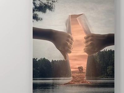 Landscape Painting With Hands Holding Open Book Pages Forming Pathway To Sunset Lake Forest Trees 3d model