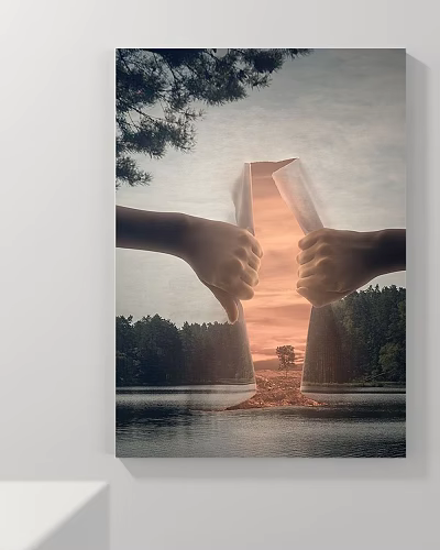Landscape Painting With Hands Holding Open Book Pages Forming Pathway To Sunset Lake Forest Trees 3d model