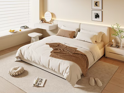 Cozy Modern Bedroom Interior Design With White Bed Brown Blanket Window Blinds And Nightstand Plant 3d model