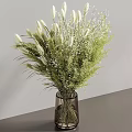 Dark Glass Vase With Green White Decorative Flowers And Herbs On Gray Background