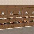 Dessert Shop Wooden Display Shelves With Warm Lighting Fresh Bread Pastries And Drawers