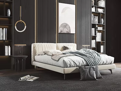 Modern Bedroom Interior With Upholstered Double Bed Throws Side Tables And Wall Art 3d model