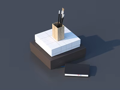 Wooden Pen Holder With Pens On Stacked Blocks And Black Notebook 3d model