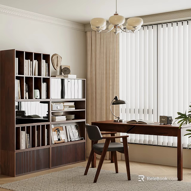 Cozy Study Room Interior With Wooden Bookshelf Desk Table Lamp And Books 3d model 