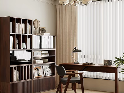 Cozy Study Room Interior With Wooden Bookshelf Desk Table Lamp And Books 3d model