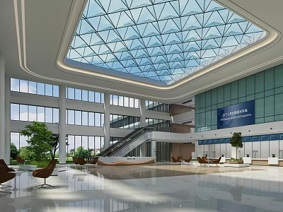 Hotel Lobby Modern Design With Glass Skylight Windows Staircase Seating Area Green Plants Marble Floor 3d model