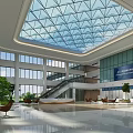 Hotel Lobby Modern Design With Glass Skylight Windows Staircase Seating Area Green Plants Marble Floor