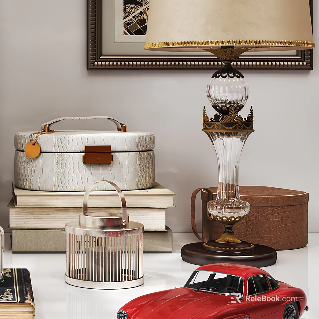Elegant Decorative Ornament Set With Glass Lamp Metal Cage And Leather Box 3d model 