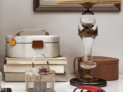Elegant Decorative Ornament Set With Glass Lamp Metal Cage And Leather Box 3d model