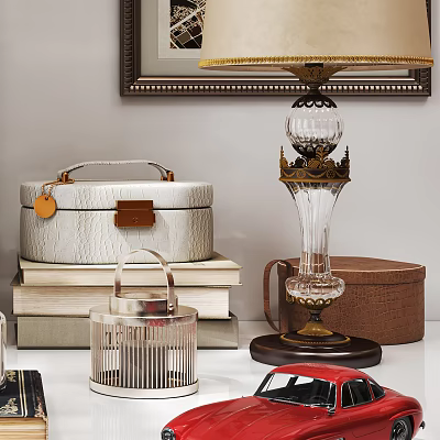 Elegant Decorative Ornament Set With Glass Lamp Metal Cage And Leather Box 3d model
