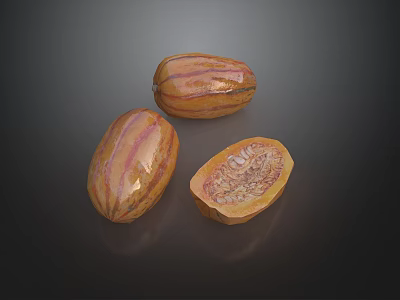 Fresh Cocoa Pods with Striped Yellow and Pink Skin and Halved Showing Inner Texture 3d model
