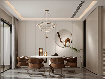 Elegant Modern Restaurant Interior With Round Dining Table Chairs Pendant Light And Decorative Painting 3d model