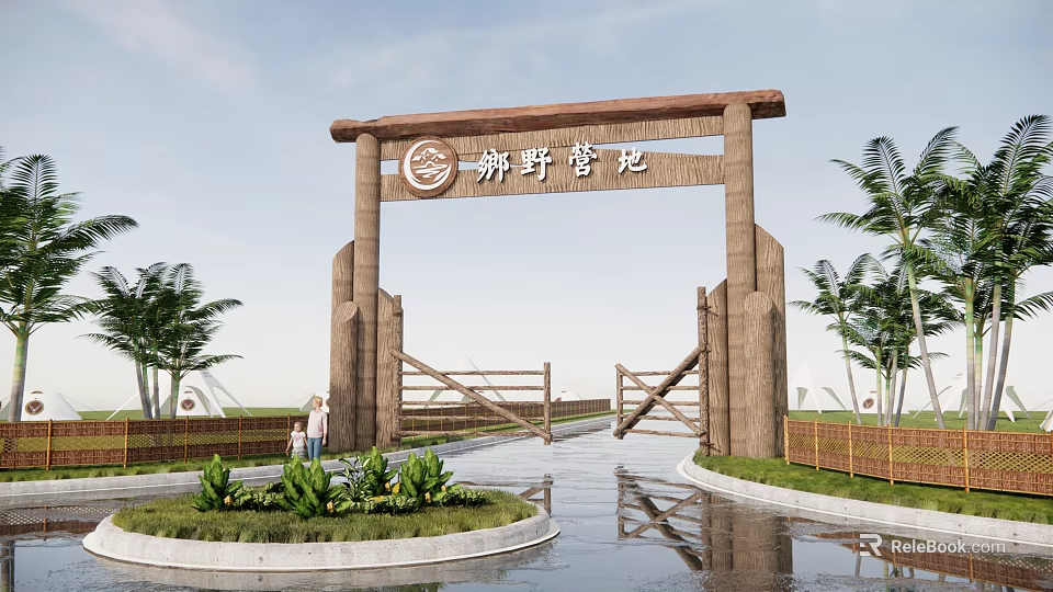 Wooden Scenic Wall Entrance For Qingye Camp With Green Plants And Palm Trees 3d model 