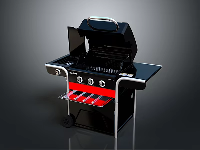 Black Outdoor Grill With Open Lid Red Storage Compartment And Wheels 3d model