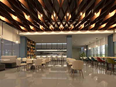 Modern Café Interior With Wooden Geometric Ceiling Pendant Lights Bookshelves Bar Counter And Colorful Chairs 3d model