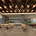 Modern Café Interior With Wooden Geometric Ceiling Pendant Lights Bookshelves Bar Counter And Colorful Chairs