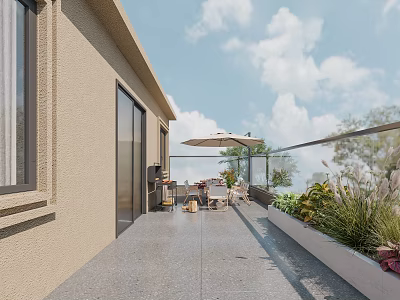 Terrace Garden With Outdoor Furniture Umbrella Glass Railing Greenery In Planters And Beige Wall 3d model
