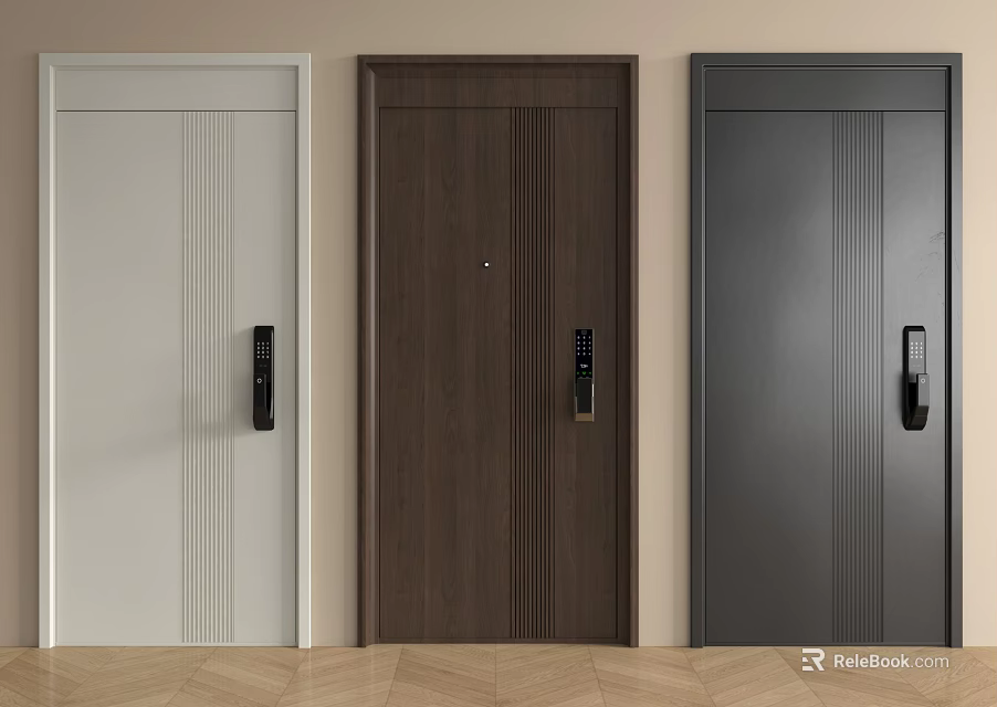 Modern Security Doors with Neutral Colors Vertical Panel Lines and Smart Lock Handles 3d model