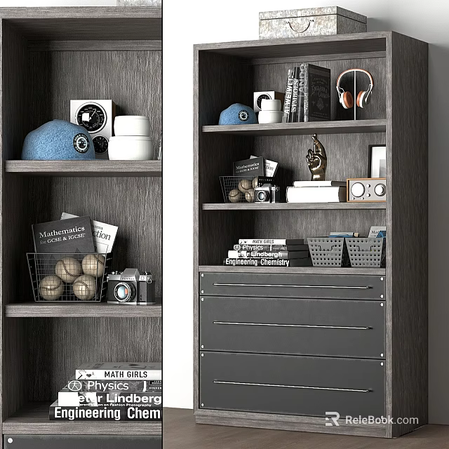 Modern Wardrobe With Shelves Drawers And Stored Books Headphones Camera Decorative Balls 3d model 