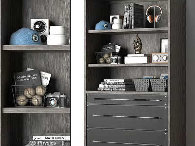 Modern Wardrobe With Shelves Drawers And Stored Books Headphones Camera Decorative Balls 3d model