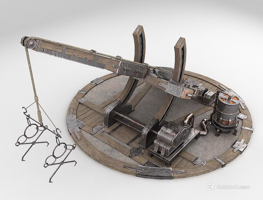 Medieval Catapult With Wooden Structure Metal Components Circular Base Iron Chains And Wooden Bucket 3d model 