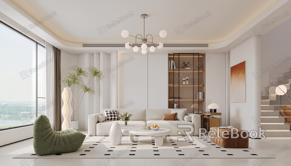 Modern Cream Style Living Room Sofa Coffee Table Chandelier Floor Lamp Single Sofa Pier Plant Decorative Painting model