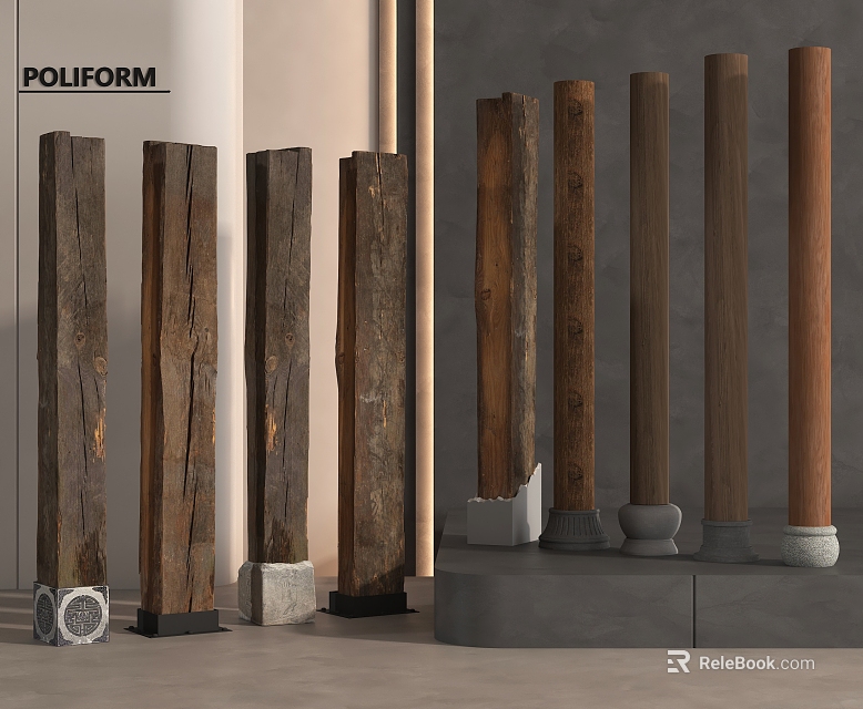 Various Wooden Columns With Natural Grain And Stone Bases Modern Interior Design 3d model 