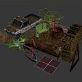 Rustic Scene Components Featuring Old Truck Water Wheel Small Boat Solar Panels Bench And Plants