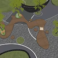 Modern Park Landscape Design With Wooden Seats Circular Lawns And Trees