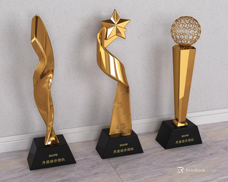 Golden Trophy Awards With Various Designs And Black Bases For Ceremonies 3d model 