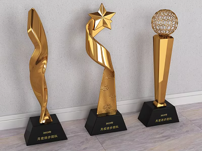 Golden Trophy Awards With Various Designs And Black Bases For Ceremonies 3d model