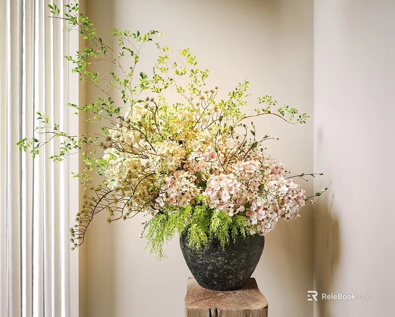 Pink And White Hydrangea Flowers In Black Marble Vase On Wooden Stand With Green Leaves 3d model 
