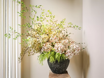 Pink And White Hydrangea Flowers In Black Marble Vase On Wooden Stand With Green Leaves 3d model