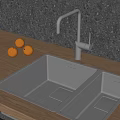 Kitchen Sink with Faucet Water Flowing Oranges on Wooden Countertop Gray Backsplash