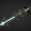 Mythical Glowing Blue Sword With Skull Horns And Gemstone Decorations