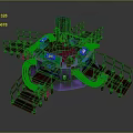 Rotating Amusement Ride Structure With Red Stairs Railings And Colorful Lighting