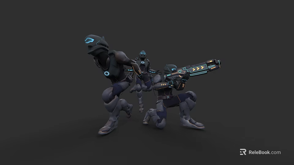Three Game Movie Robot Characters With Blue Glowing Elements And Large Weapon In Battle Stance 3d model 